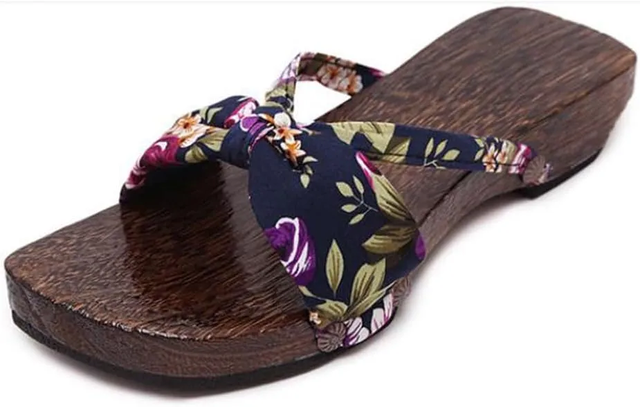 Women's Flip-Flops Printed Kimono Clogs Slippers,Japanese Traditional Geta Wooden Kimono Flip Flops Thick Sole Sashion Sandals (Size:EU 35,Color:Baby Blue)