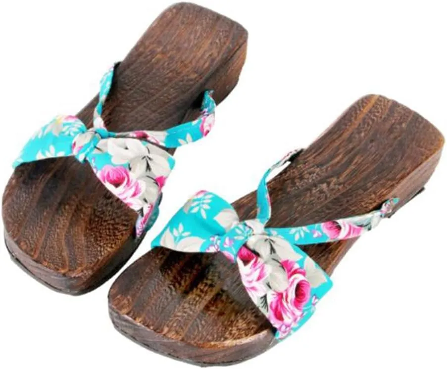 Women's Flip-Flops Printed Kimono Clogs Slippers,Japanese Traditional Geta Wooden Kimono Flip Flops Thick Sole Sashion Sandals (Size:EU 35,Color:Baby Blue)