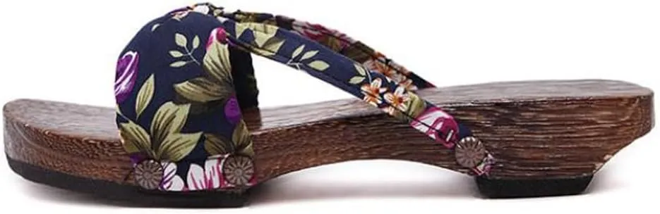Women's Flip-Flops Printed Kimono Clogs Slippers,Japanese Traditional Geta Wooden Kimono Flip Flops Thick Sole Sashion Sandals (Size:EU 35,Color:Baby Blue)