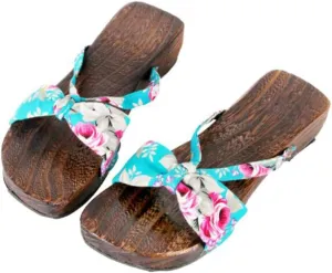 Women's Flip-Flops Printed Kimono Clogs Slippers,Japanese Traditional Geta Wooden Kimono Flip Flops Thick Sole Sashion Sandals (Size:EU 35,Color:Baby Blue)