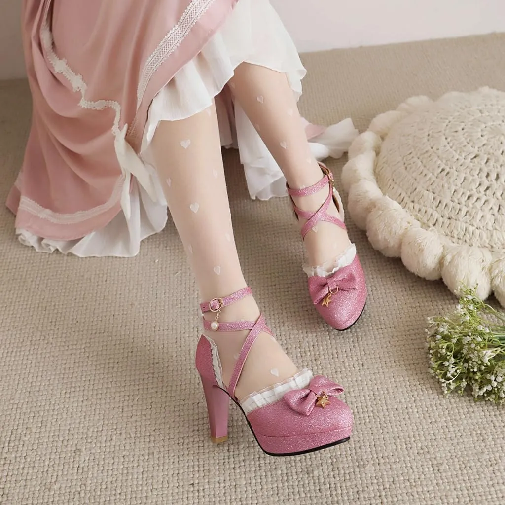 Women's Glitter Chunky High Heels Mary Jane Pumps Shoes Round Toe Platform Bow Lolita Party Dress Shoe