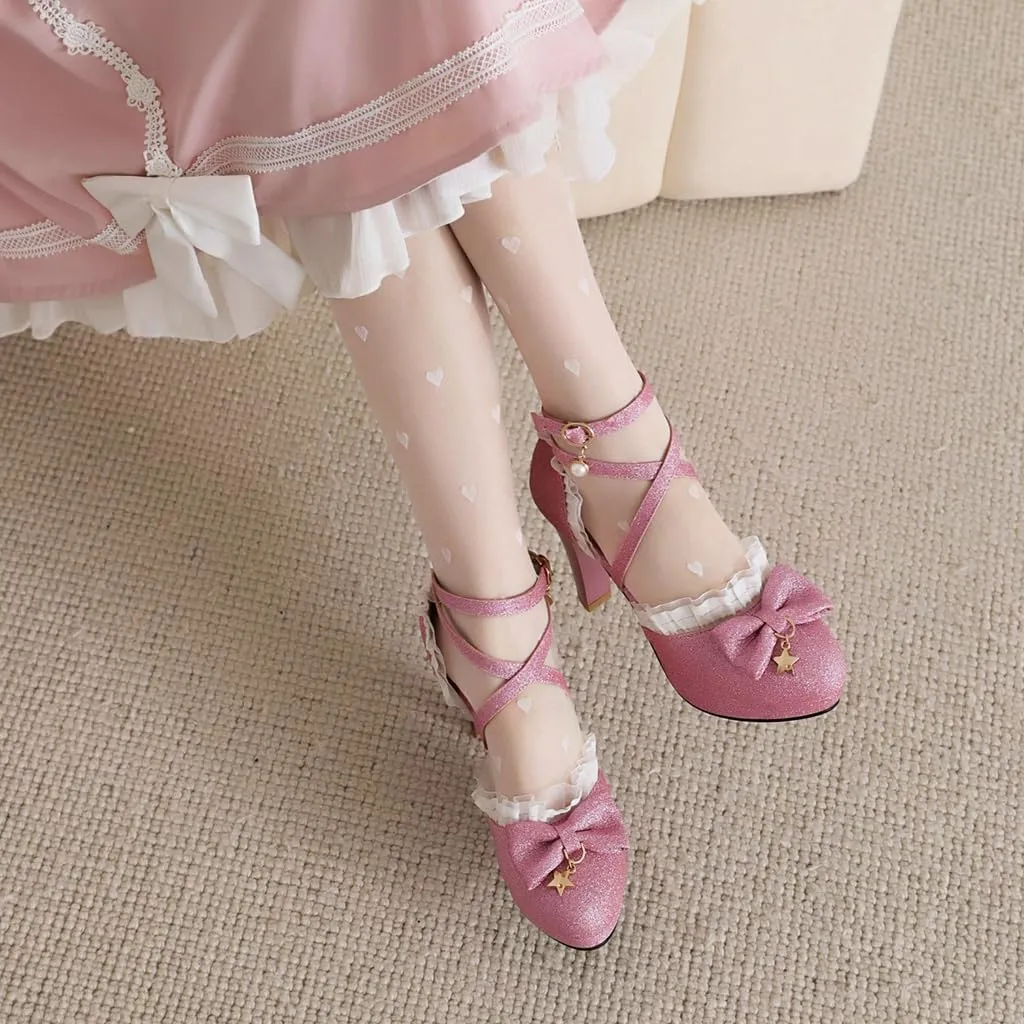 Women's Glitter Chunky High Heels Mary Jane Pumps Shoes Round Toe Platform Bow Lolita Party Dress Shoe