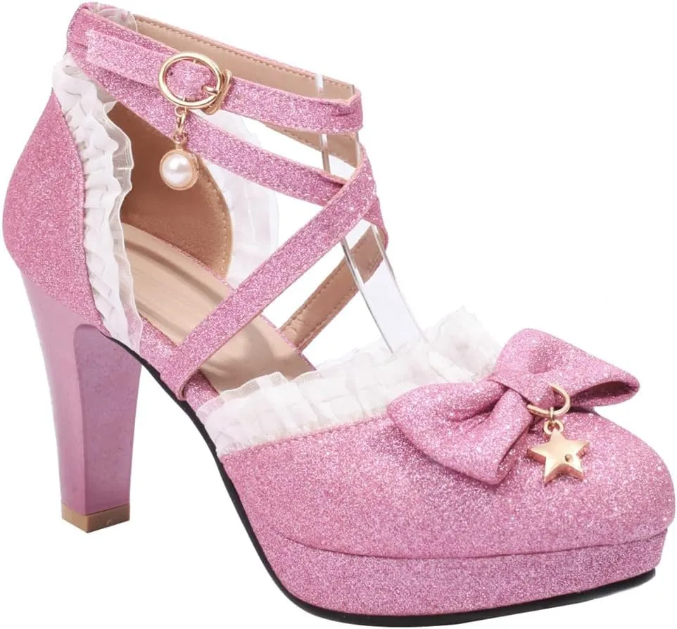 Women's Glitter Chunky High Heels Mary Jane Pumps Shoes Round Toe Platform Bow Lolita Party Dress Shoe