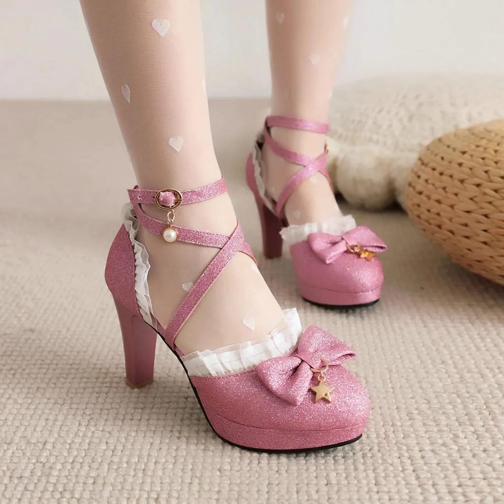 Women's Glitter Chunky High Heels Mary Jane Pumps Shoes Round Toe Platform Bow Lolita Party Dress Shoe