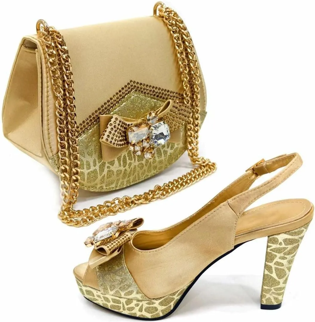 Women's Gold Embellished Peep-Toe Low Heel Pumps with Matching Bag Buckle Strap Fashion Shoes