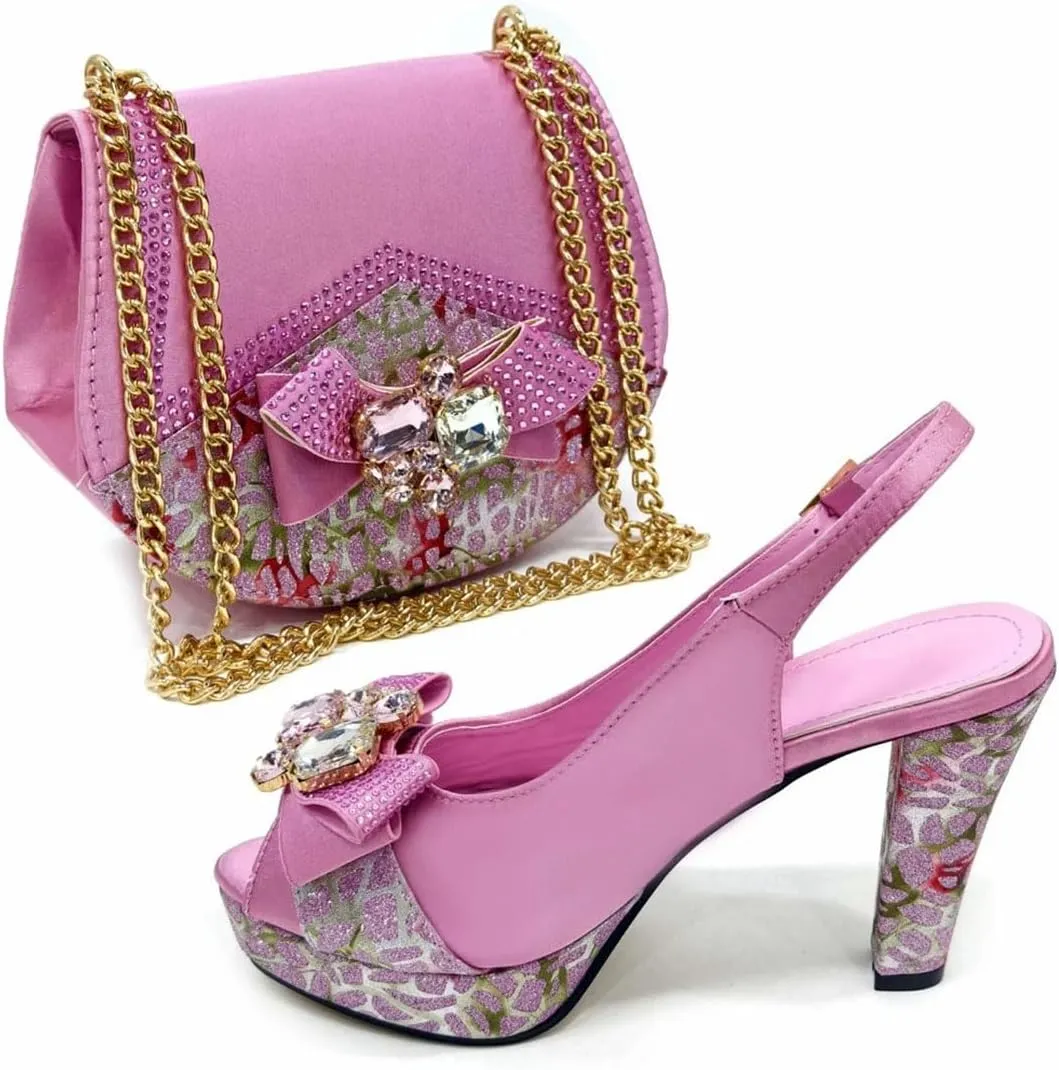 Women's Gold Embellished Peep-Toe Low Heel Pumps with Matching Bag Buckle Strap Fashion Shoes