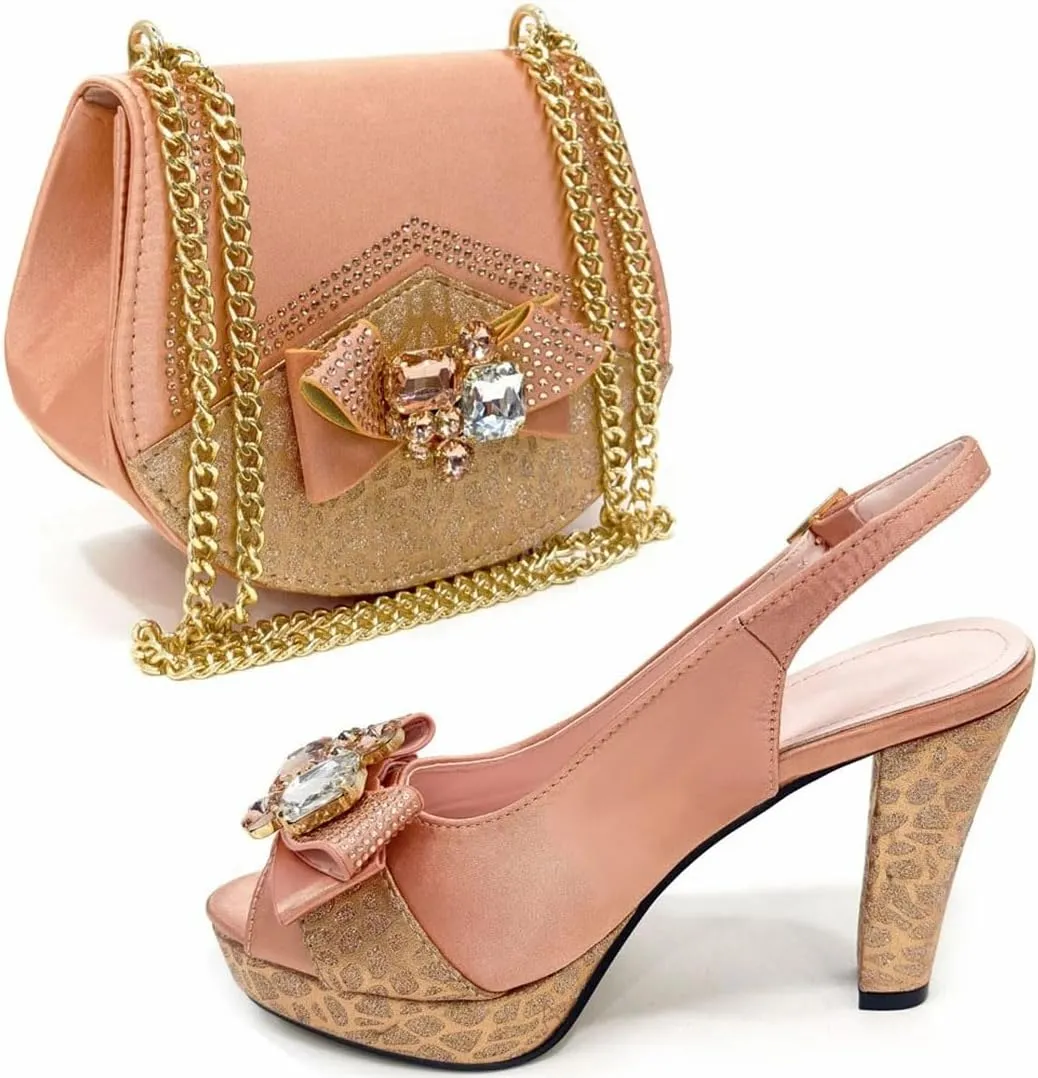 Women's Gold Embellished Peep-Toe Low Heel Pumps with Matching Bag Buckle Strap Fashion Shoes