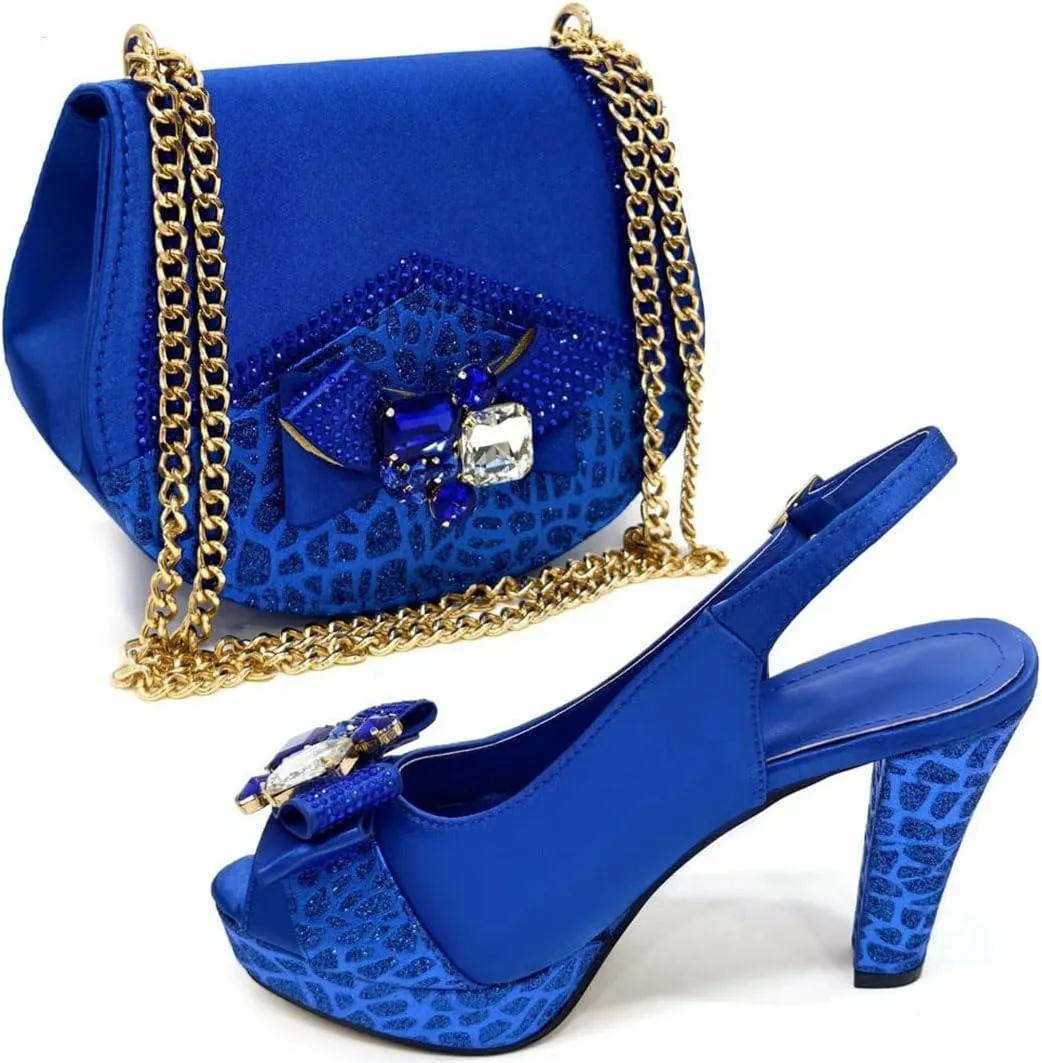 Women's Gold Embellished Peep-Toe Low Heel Pumps with Matching Bag Buckle Strap Fashion Shoes