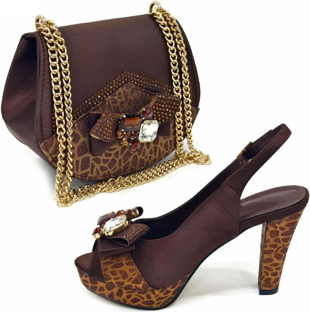 Women's Gold Embellished Peep-Toe Low Heel Pumps with Matching Bag Buckle Strap Fashion Shoes