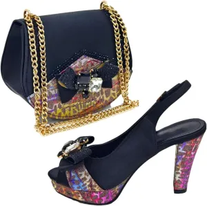 Women's Gold Embellished Peep-Toe Low Heel Pumps with Matching Bag Buckle Strap Fashion Shoes
