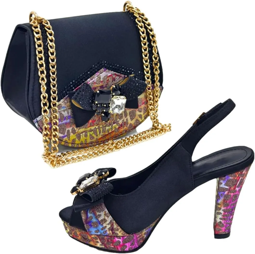 Women's Gold Embellished Peep-Toe Low Heel Pumps with Matching Bag Buckle Strap Fashion Shoes