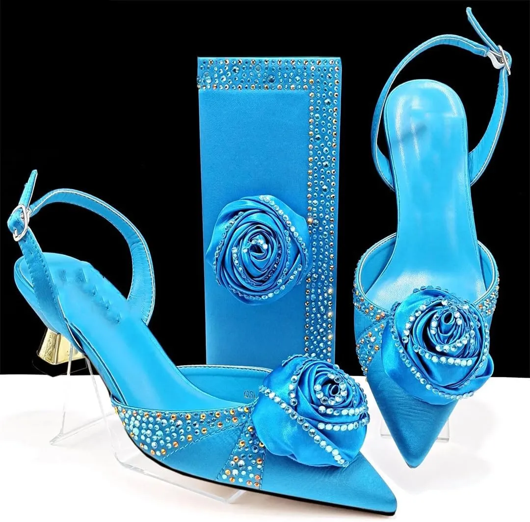Women’S Handmade Flower Design Pumps and Bag Set for Wedding Party Satin Slingbacks with Bordered Pattern