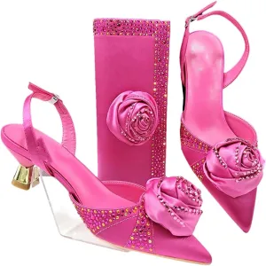 Women’S Handmade Flower Design Pumps and Bag Set for Wedding Party Satin Slingbacks with Bordered Pattern