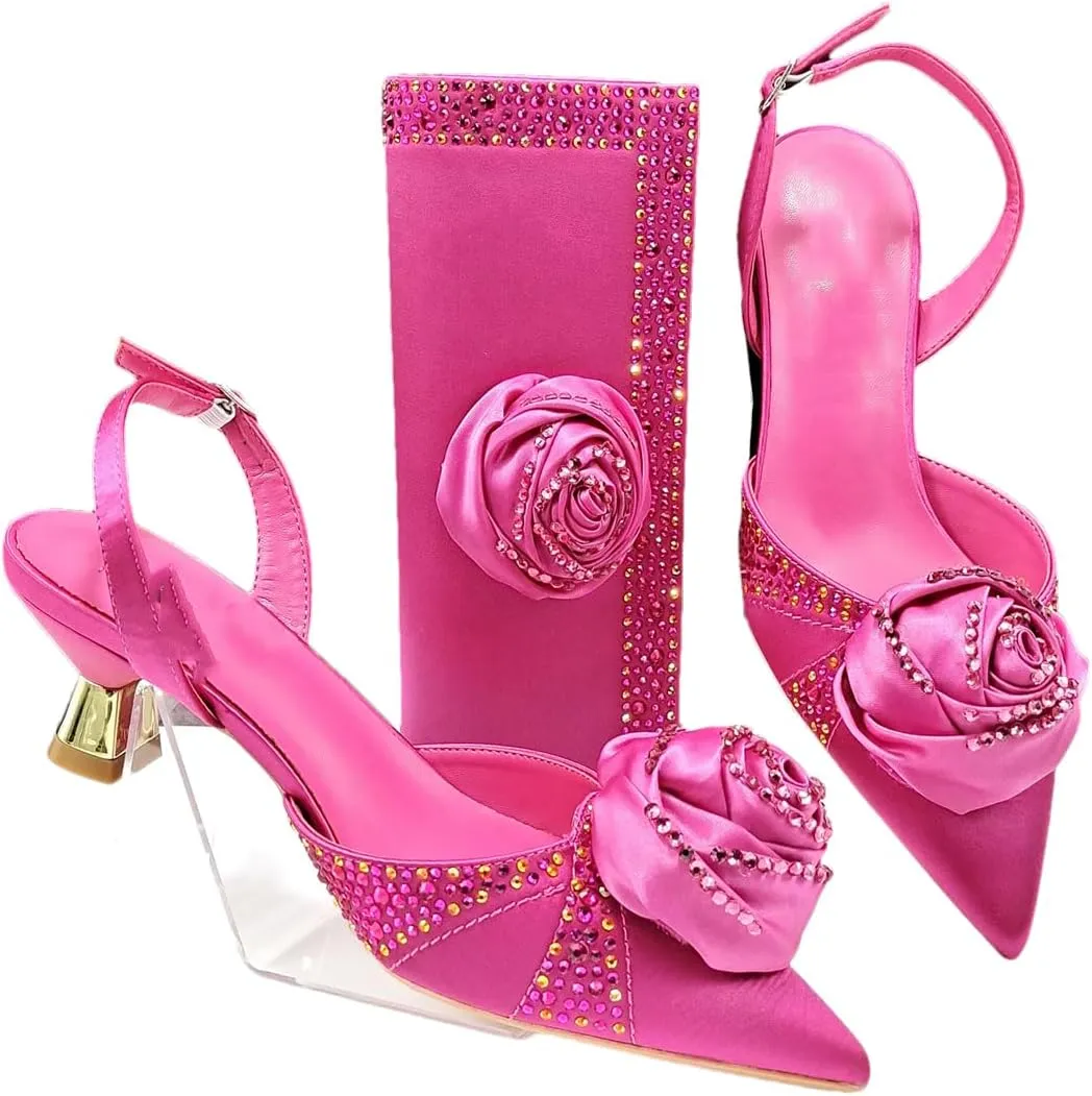 Women’S Handmade Flower Design Pumps and Bag Set for Wedding Party Satin Slingbacks with Bordered Pattern