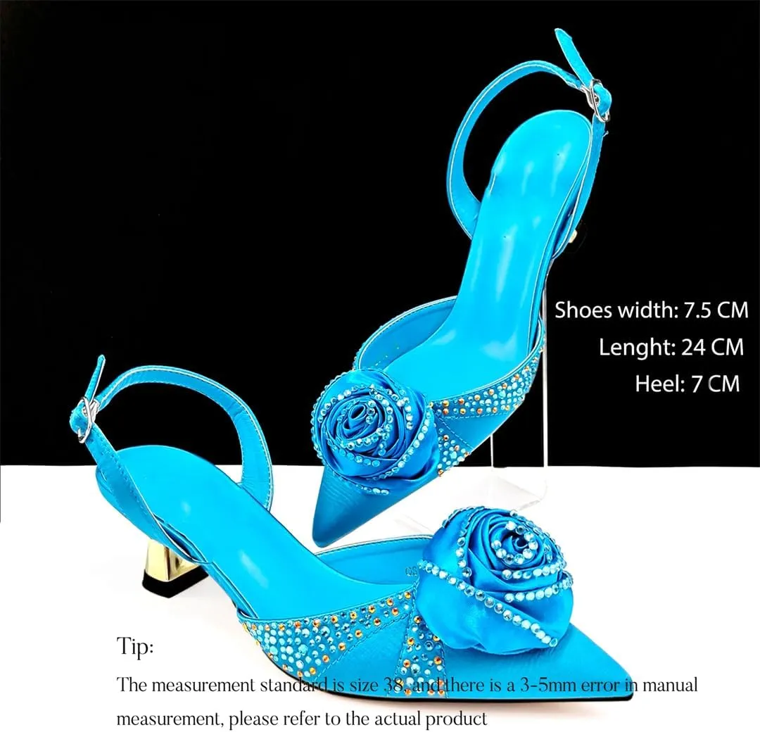 Women’S Handmade Flower Design Pumps and Bag Set for Wedding Party Satin Slingbacks with Bordered Pattern