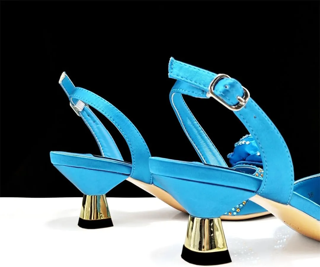 Women’S Handmade Flower Design Pumps and Bag Set for Wedding Party Satin Slingbacks with Bordered Pattern