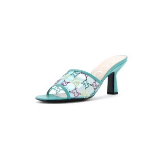 Women's Heeled Mule Sandals Crystal GG Embellished Mesh