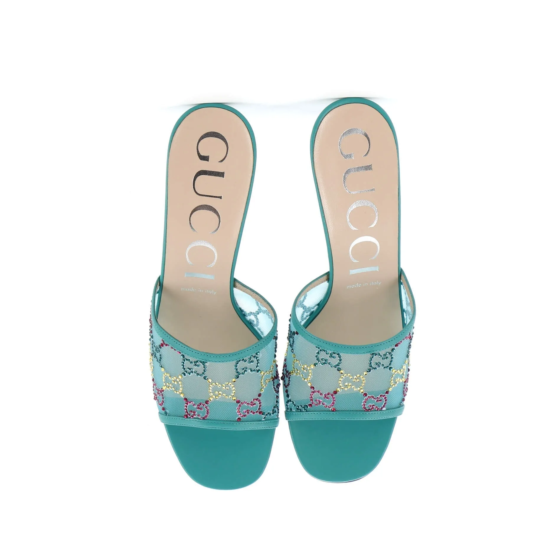 Women's Heeled Mule Sandals Crystal GG Embellished Mesh