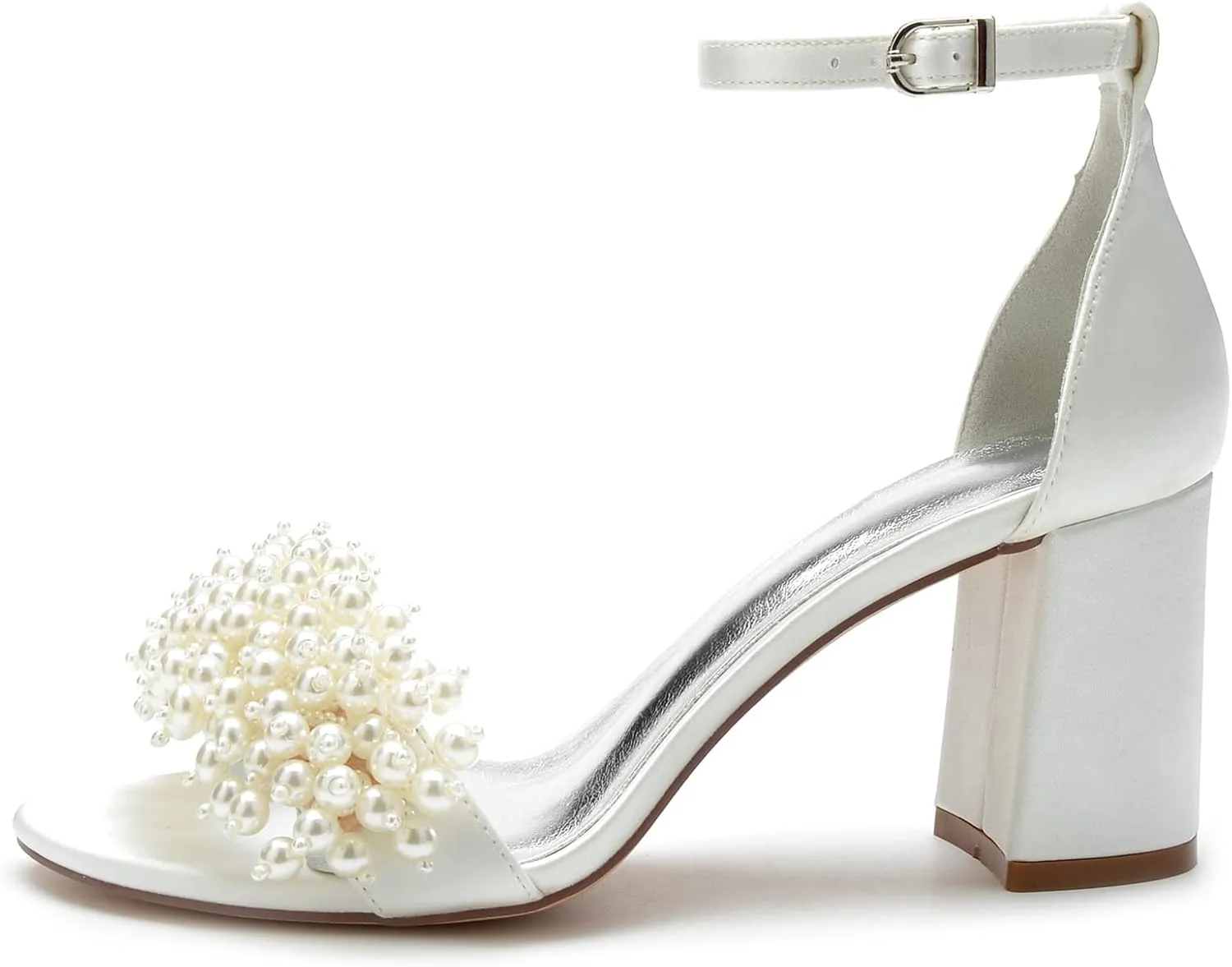 Women's High Block Heel Chunky Ankle Strap Pearl Sandals Wedding Dress Shoes High Heel Pump Shoes