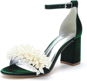 Women's High Block Heel Chunky Ankle Strap Pearl Sandals Wedding Dress Shoes High Heel Pump Shoes