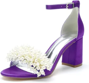 Women's High Block Heel Chunky Ankle Strap Pearl Sandals Wedding Dress Shoes High Heel Pump Shoes
