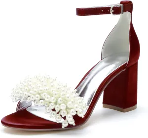 Women's High Block Heel Chunky Ankle Strap Pearl Sandals Wedding Dress Shoes High Heel Pump Shoes
