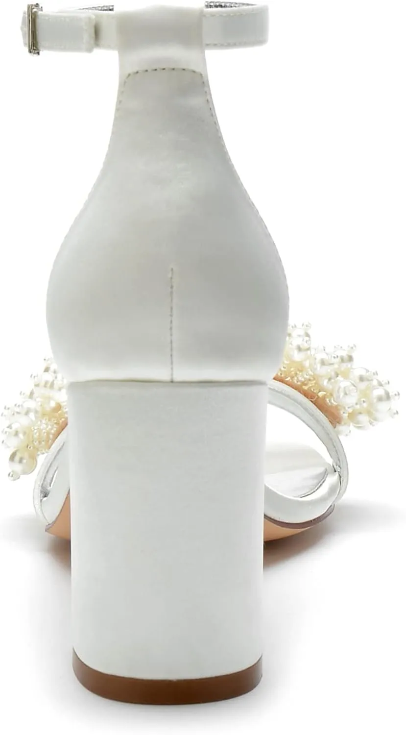 Women's High Block Heel Chunky Ankle Strap Pearl Sandals Wedding Dress Shoes High Heel Pump Shoes