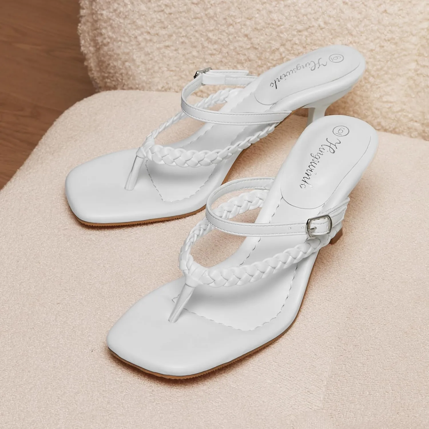 Women's Kitten Heels Open Toe Braided Strappy Heels Sexy Heeled Sandals Square Toe Thong Flip Flop 2 Inch Heel for Women