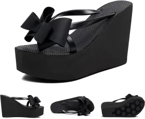 Women's Lace-Up Bow Platform Wedge Flip Flops – Peep Toe Slip-On Sandals for Summer Beach & Casual Parties