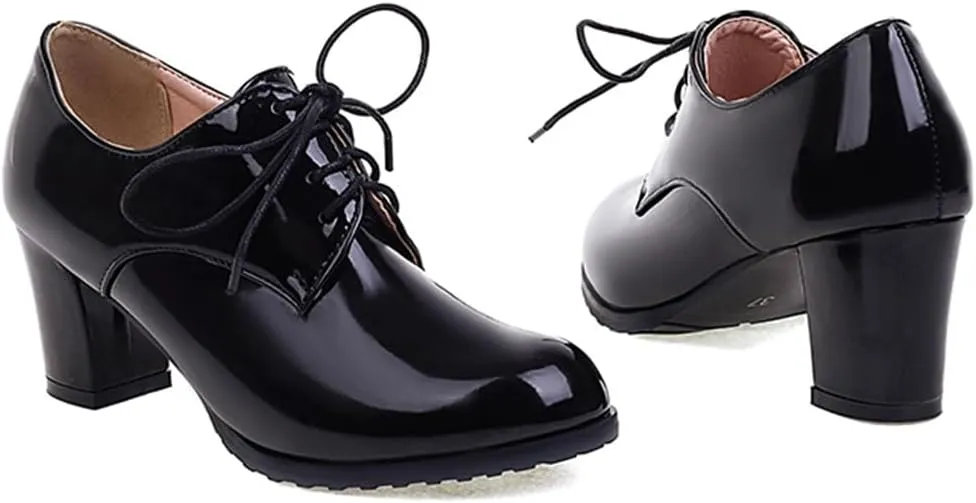Women's Lace Up Chunky High Heels Dress Pumps Round Toe Patent Leather Classic Brogues Oxfords Shoes