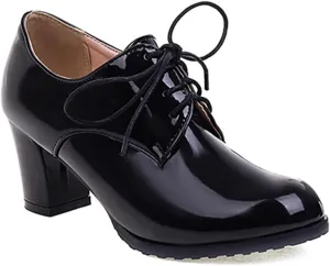 Women's Lace Up Chunky High Heels Dress Pumps Round Toe Patent Leather Classic Brogues Oxfords Shoes
