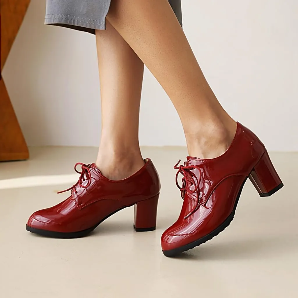 Women's Lace Up Chunky High Heels Dress Pumps Round Toe Patent Leather Classic Brogues Oxfords Shoes