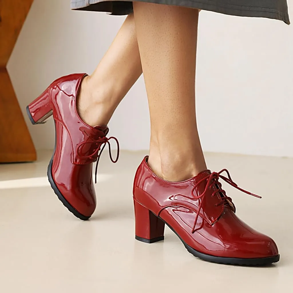 Women's Lace Up Chunky High Heels Dress Pumps Round Toe Patent Leather Classic Brogues Oxfords Shoes