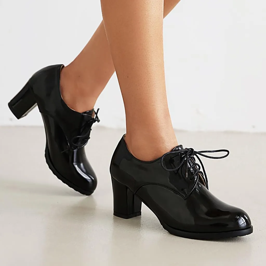 Women's Lace Up Chunky High Heels Dress Pumps Round Toe Patent Leather Classic Brogues Oxfords Shoes