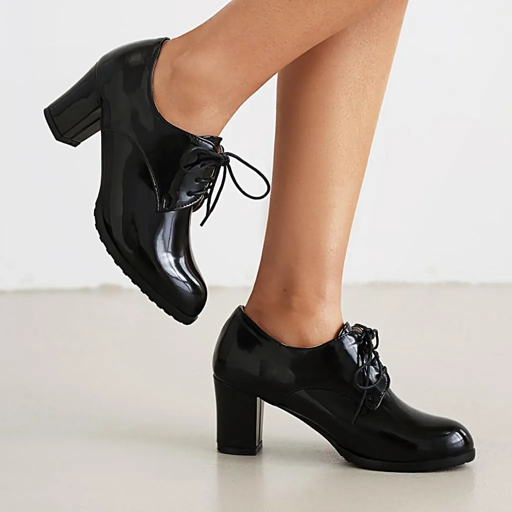 Women's Lace Up Chunky High Heels Dress Pumps Round Toe Patent Leather Classic Brogues Oxfords Shoes