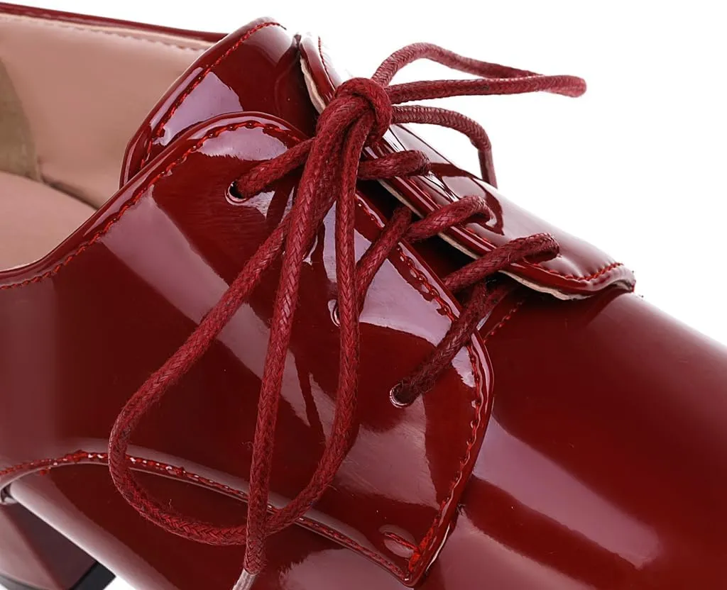 Women's Lace Up Chunky High Heels Dress Pumps Round Toe Patent Leather Classic Brogues Oxfords Shoes