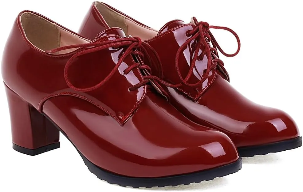 Women's Lace Up Chunky High Heels Dress Pumps Round Toe Patent Leather Classic Brogues Oxfords Shoes
