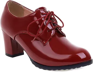 Women's Lace Up Chunky High Heels Dress Pumps Round Toe Patent Leather Classic Brogues Oxfords Shoes