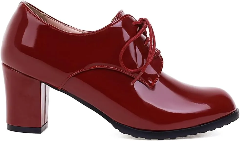 Women's Lace Up Chunky High Heels Dress Pumps Round Toe Patent Leather Classic Brogues Oxfords Shoes