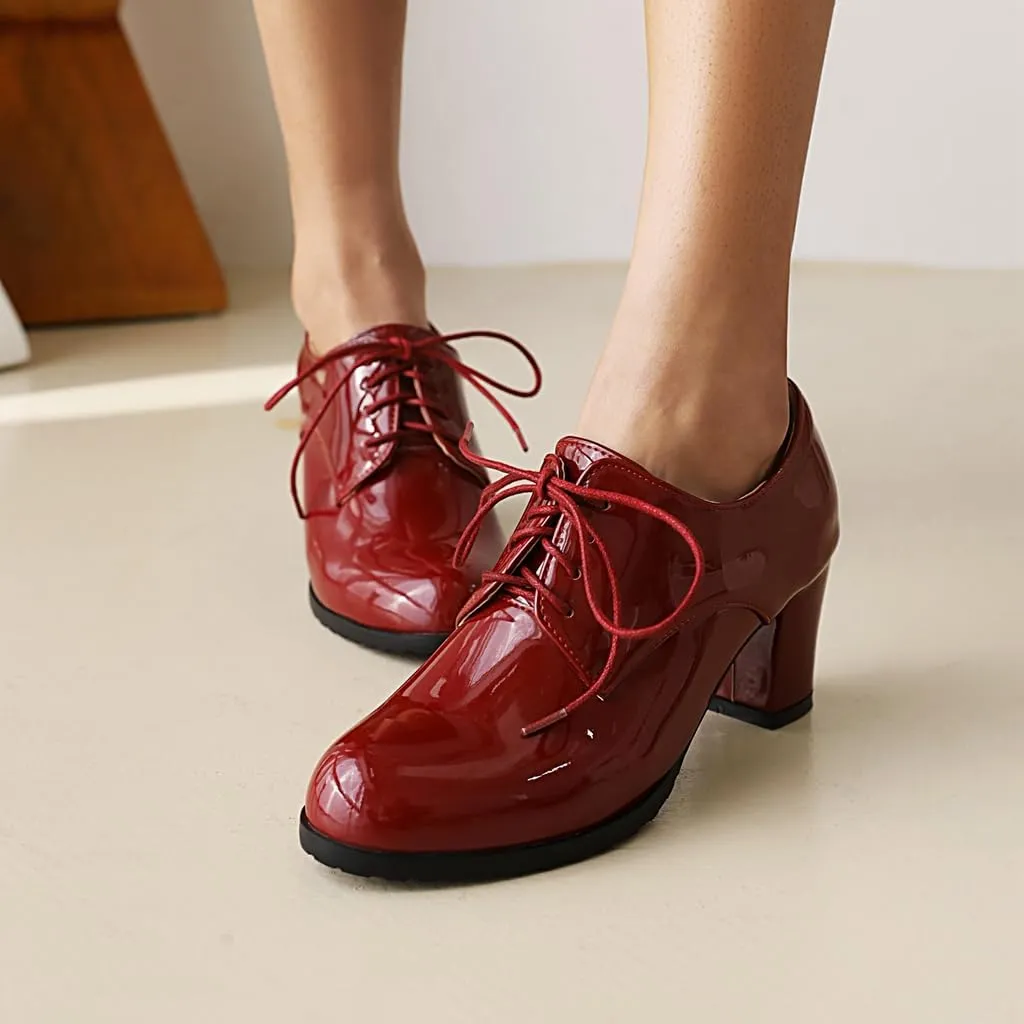Women's Lace Up Chunky High Heels Dress Pumps Round Toe Patent Leather Classic Brogues Oxfords Shoes