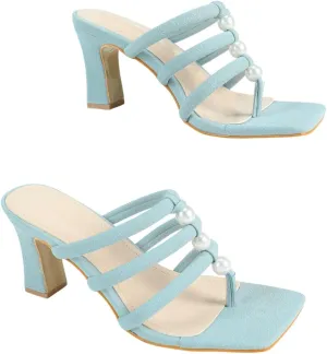 Women's Light Blue Faux-Suede Mule High-Heel Sandals | Square-Toe Pearl Strap Pumps with Tassel Detail | Thick Heel Casual Vacation Shoes | 2025 Trendy Dress Heels