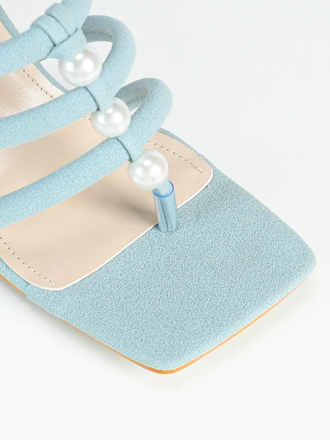 Women's Light Blue Faux-Suede Mule High-Heel Sandals | Square-Toe Pearl Strap Pumps with Tassel Detail | Thick Heel Casual Vacation Shoes | 2025 Trendy Dress Heels
