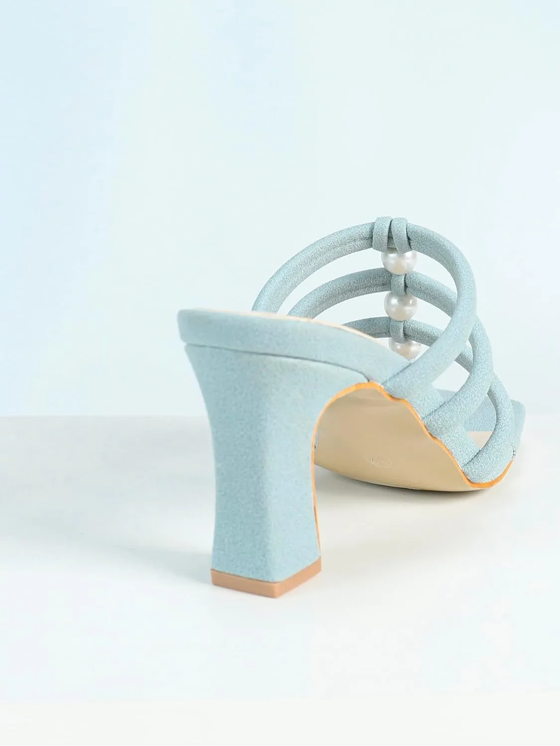 Women's Light Blue Faux-Suede Mule High-Heel Sandals | Square-Toe Pearl Strap Pumps with Tassel Detail | Thick Heel Casual Vacation Shoes | 2025 Trendy Dress Heels