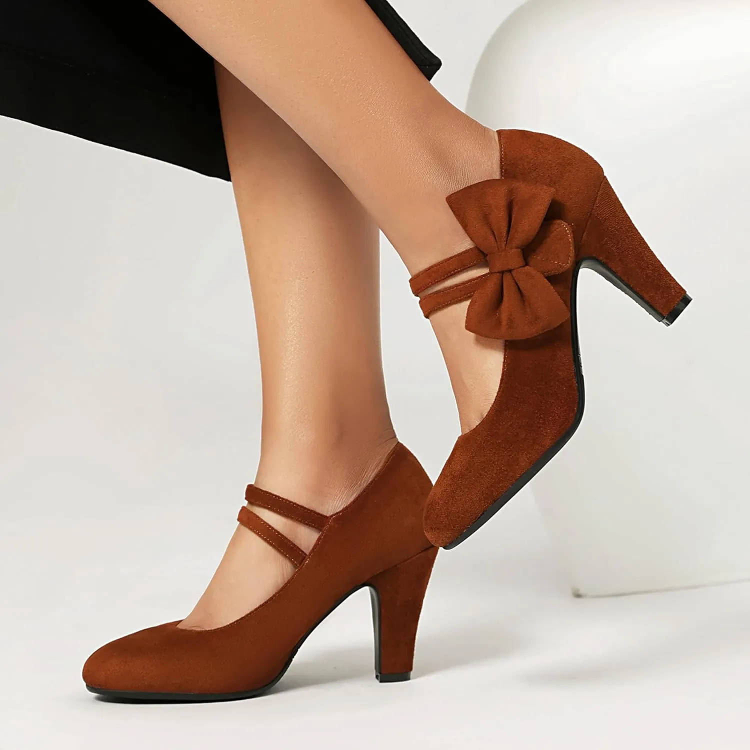 Women's Mary Jane Close Round Toe Vintage 1950s Heels Bow Double Straps Retro 1920s Victorian Pumps 1930s Shoes