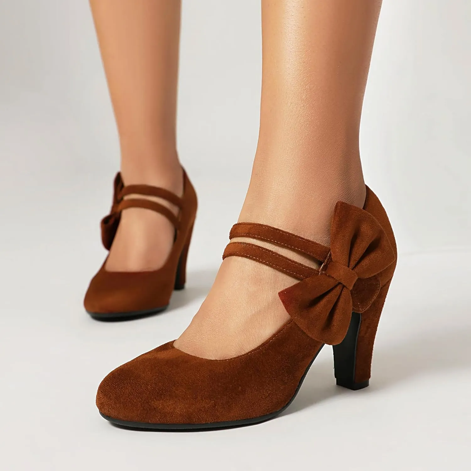 Women's Mary Jane Close Round Toe Vintage 1950s Heels Bow Double Straps Retro 1920s Victorian Pumps 1930s Shoes