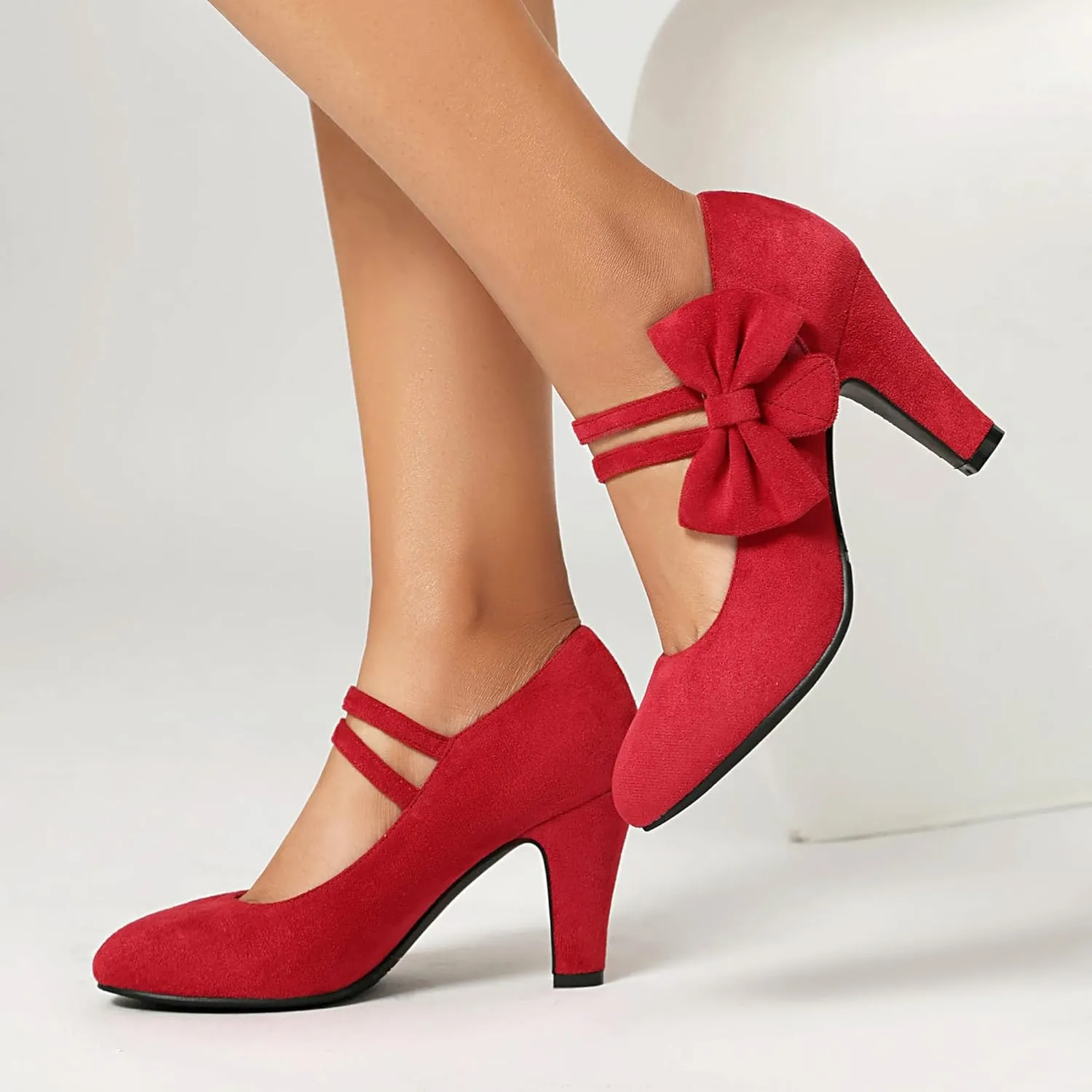 Women's Mary Jane Close Round Toe Vintage 1950s Heels Bow Double Straps Retro 1920s Victorian Pumps 1930s Shoes