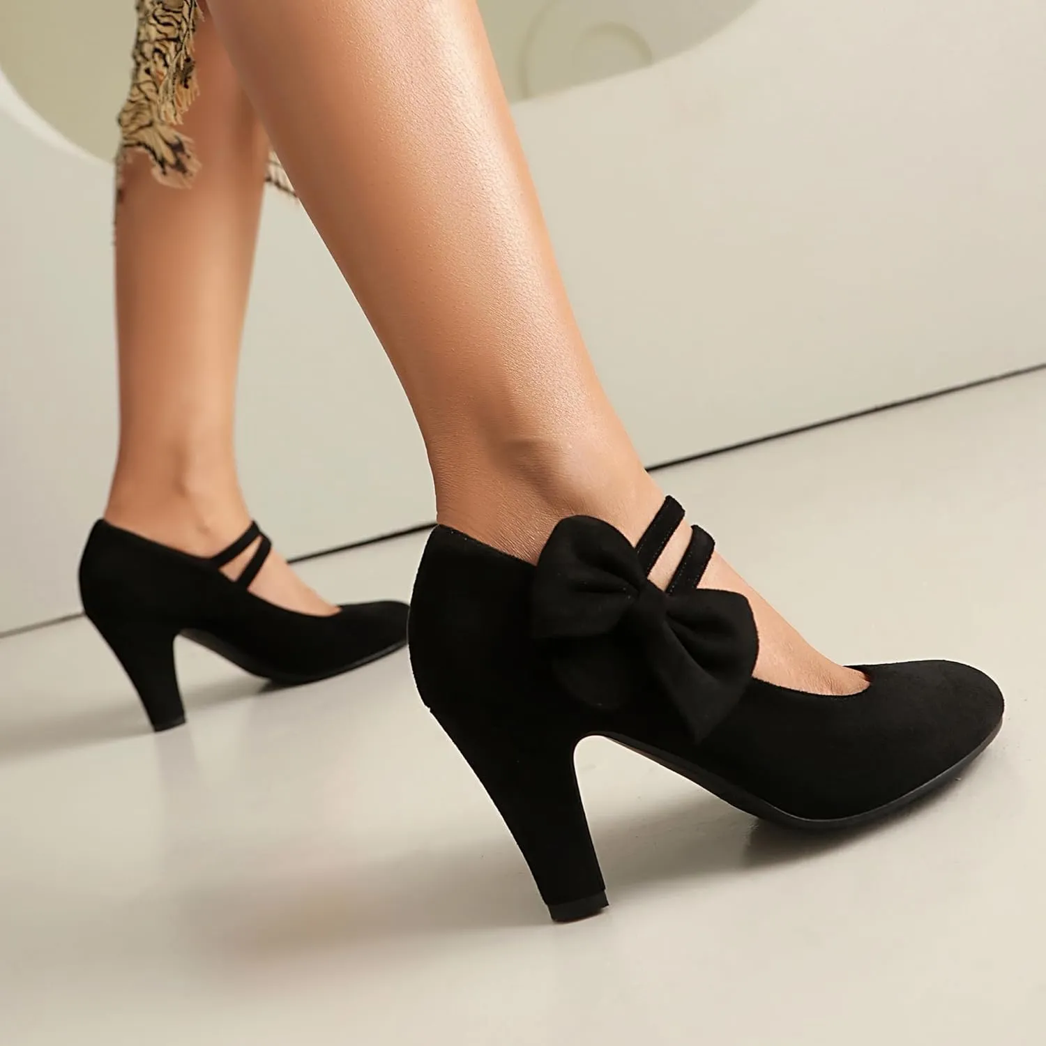 Women's Mary Jane Close Round Toe Vintage 1950s Heels Bow Double Straps Retro 1920s Victorian Pumps 1930s Shoes