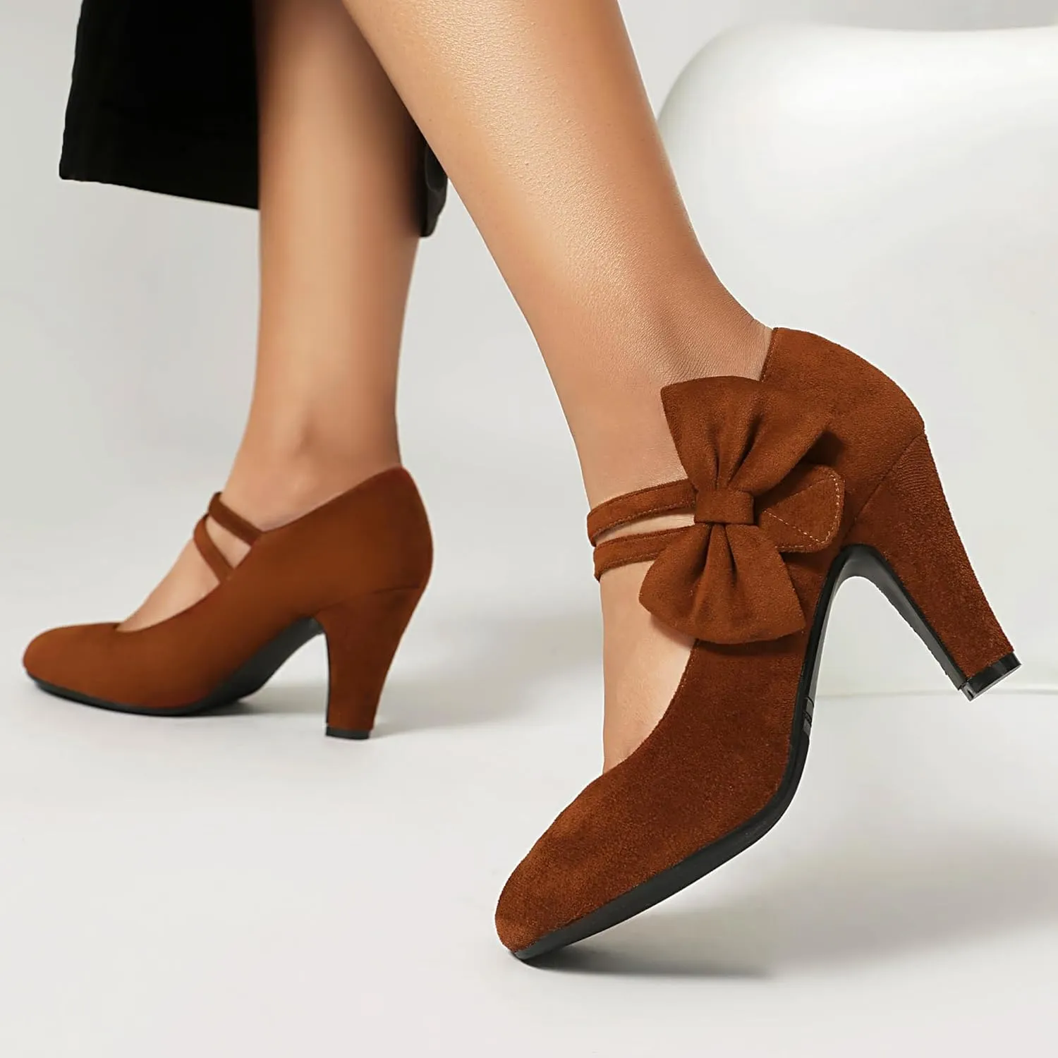 Women's Mary Jane Close Round Toe Vintage 1950s Heels Bow Double Straps Retro 1920s Victorian Pumps 1930s Shoes