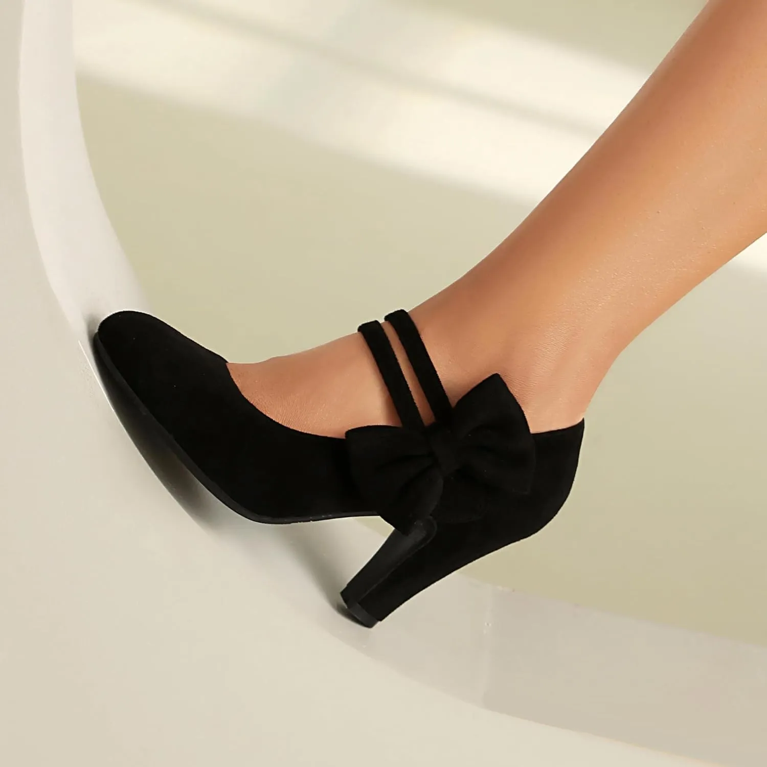 Women's Mary Jane Close Round Toe Vintage 1950s Heels Bow Double Straps Retro 1920s Victorian Pumps 1930s Shoes