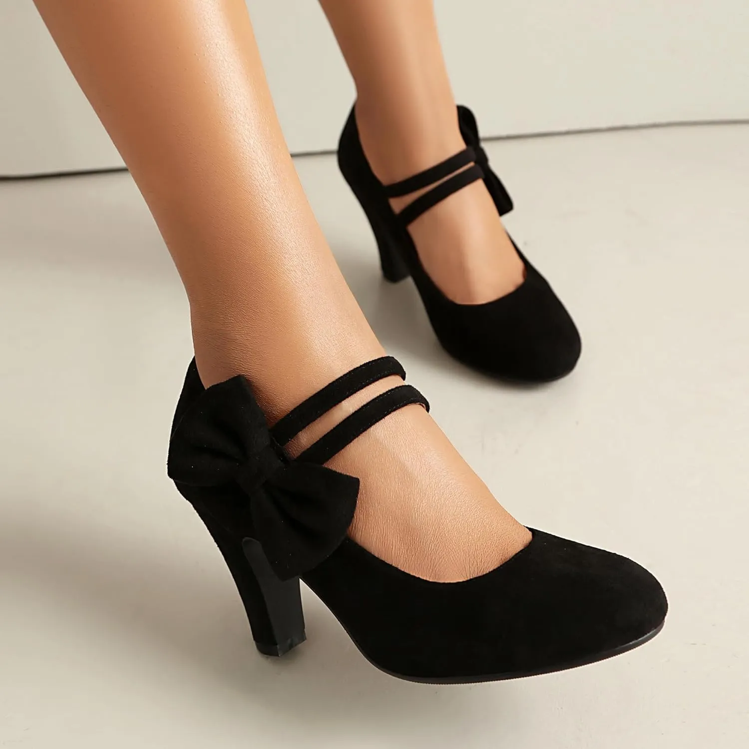 Women's Mary Jane Close Round Toe Vintage 1950s Heels Bow Double Straps Retro 1920s Victorian Pumps 1930s Shoes